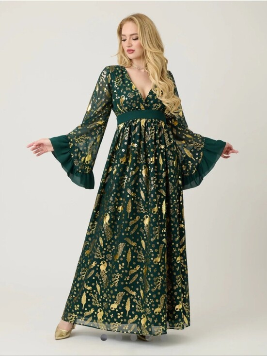 Unique Vintage Dresses & Skirts - Unique Vintage Med Peacock gold foil maxi dress